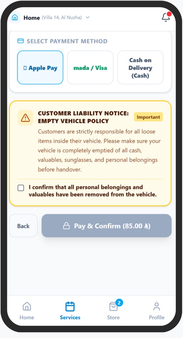 Ghassl payment screen with customer responsibility notice