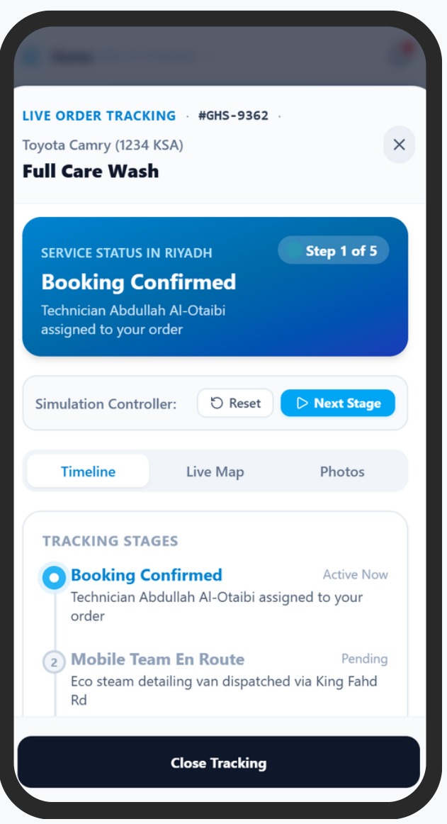 Ghassl order tracking timeline